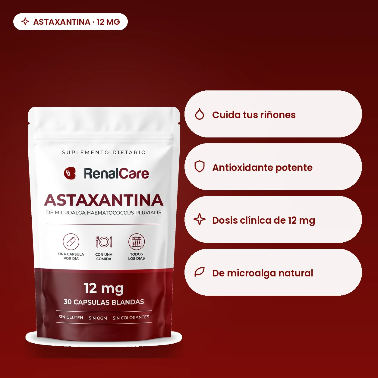 RenalCare Astaxantina: cuida tus riñones, antioxidante potente, dosis clínica de 12 mg