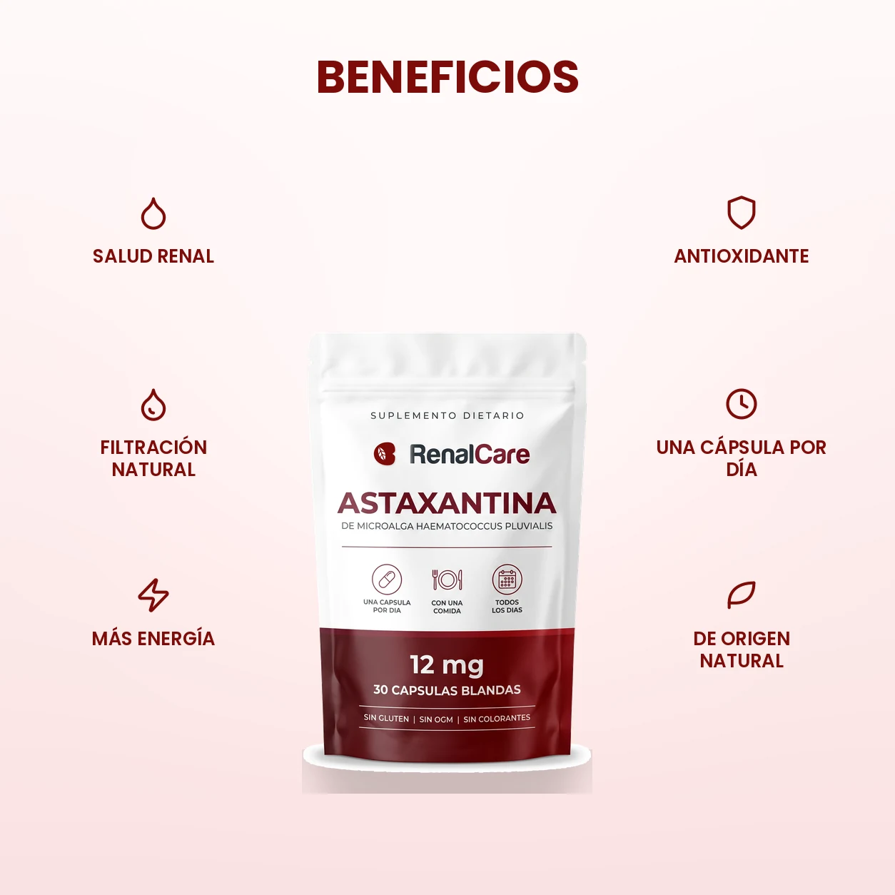 Beneficios de RenalCare: salud renal, filtración natural, más energía, antioxidante, una cápsula por día, origen natural