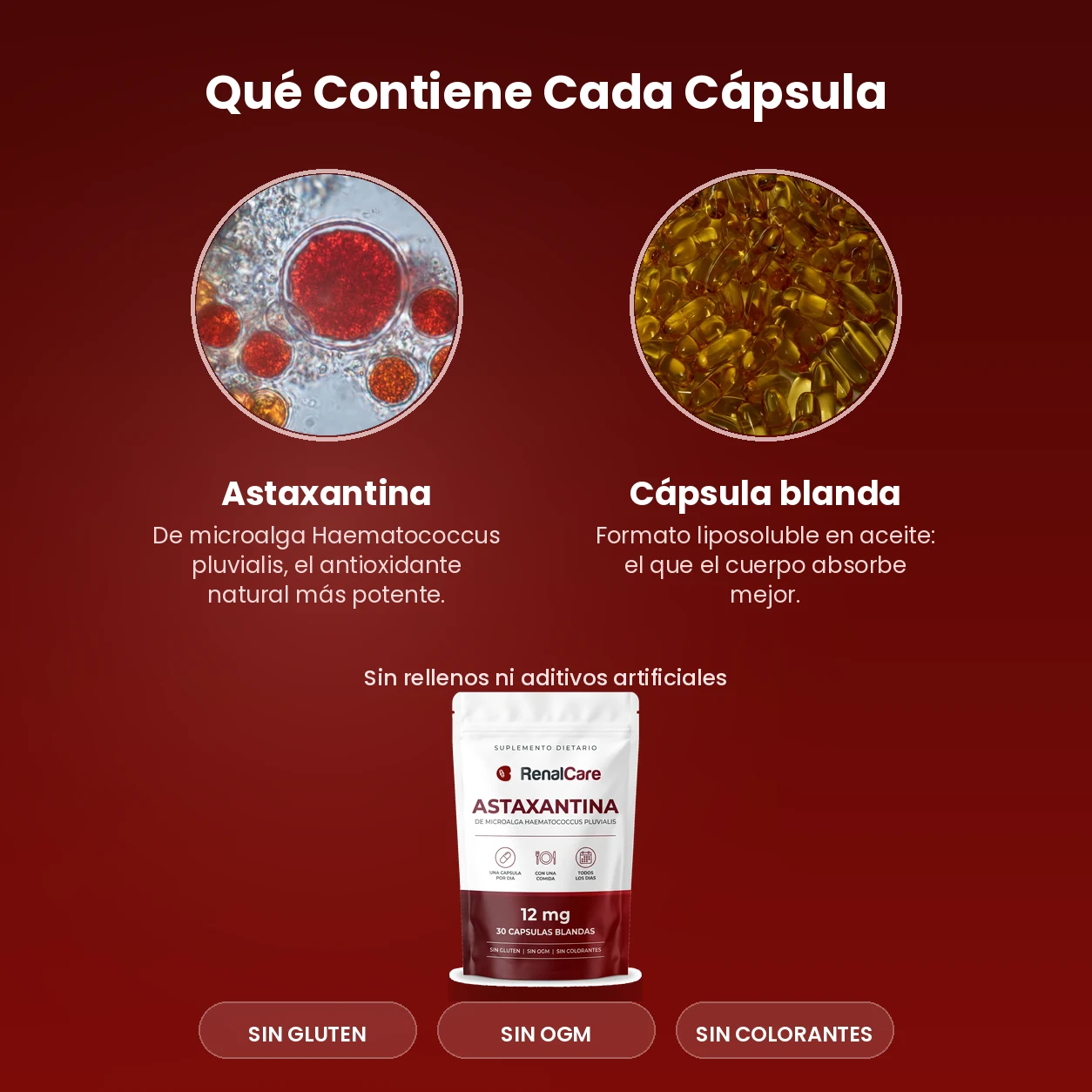 Qué contiene cada cápsula: astaxantina de microalga Haematococcus pluvialis en cápsula blanda liposoluble